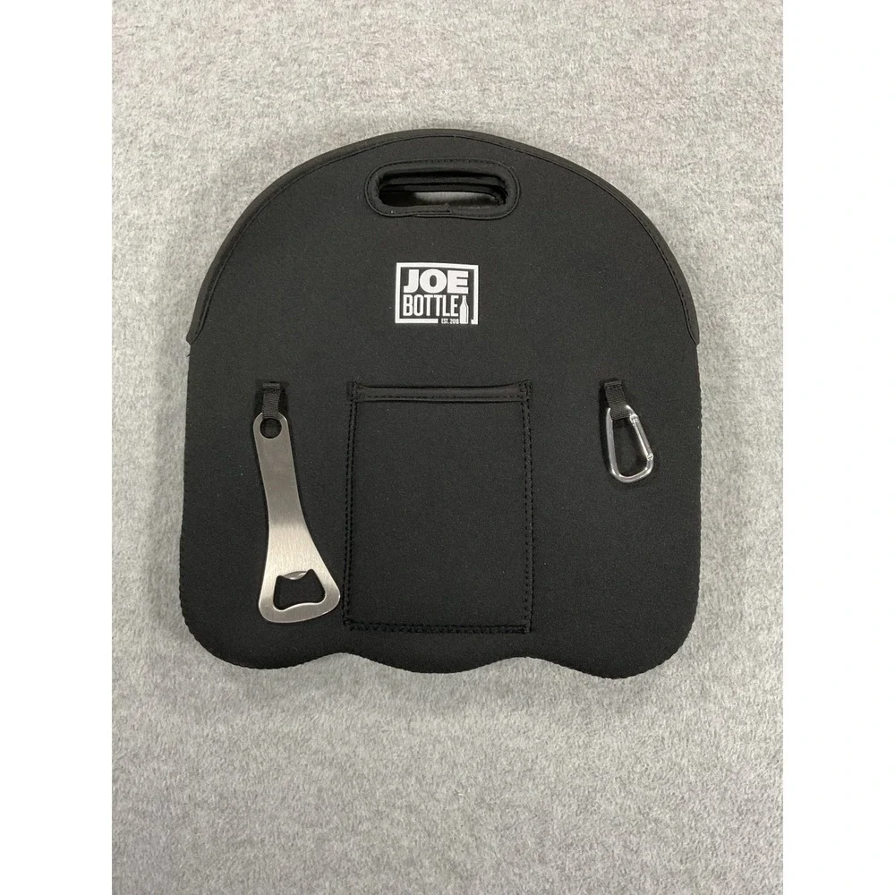 Joe Bottle Black Neoprene 3 Bottle Wine Carrier Tote with Opener & Carabiner